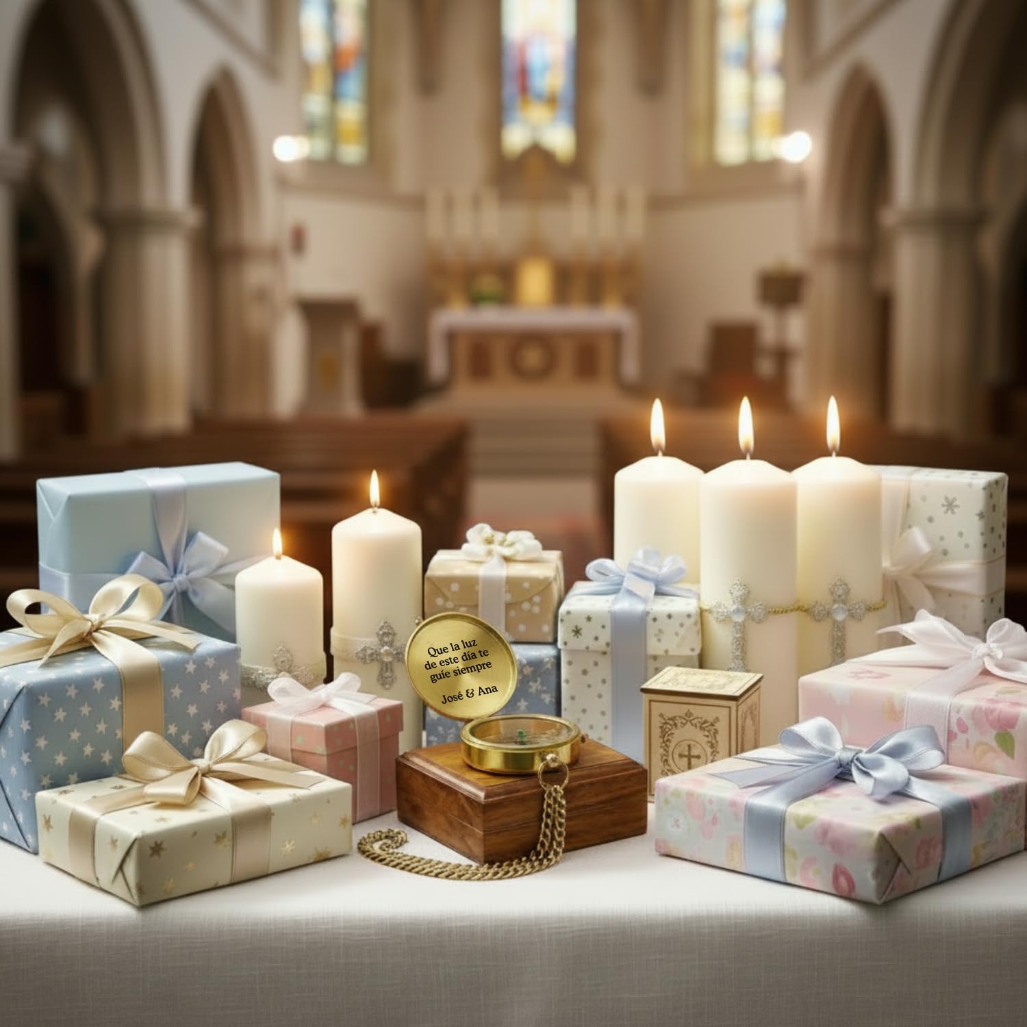 Brújula personalizada con grabado de iglesia y texto personalizado, ideal como regalo para bautizo, comunión, confirmación