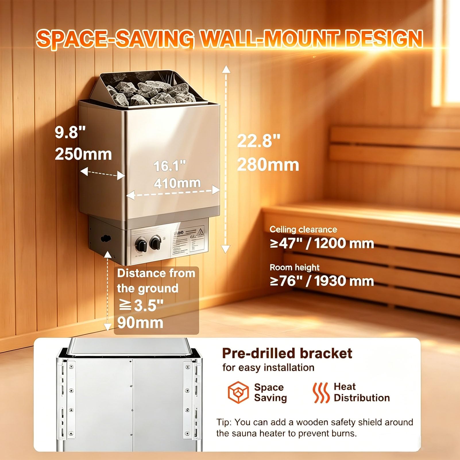 Riscaldatore per Sauna, Stufa per Sauna in Acciaio Inox, Temperatura Regolabile e Timer di 3 Ore, riscaldatore per Sauna a Secco, per bagni di Vapore, saune, Centri Benessere 110V-6KW