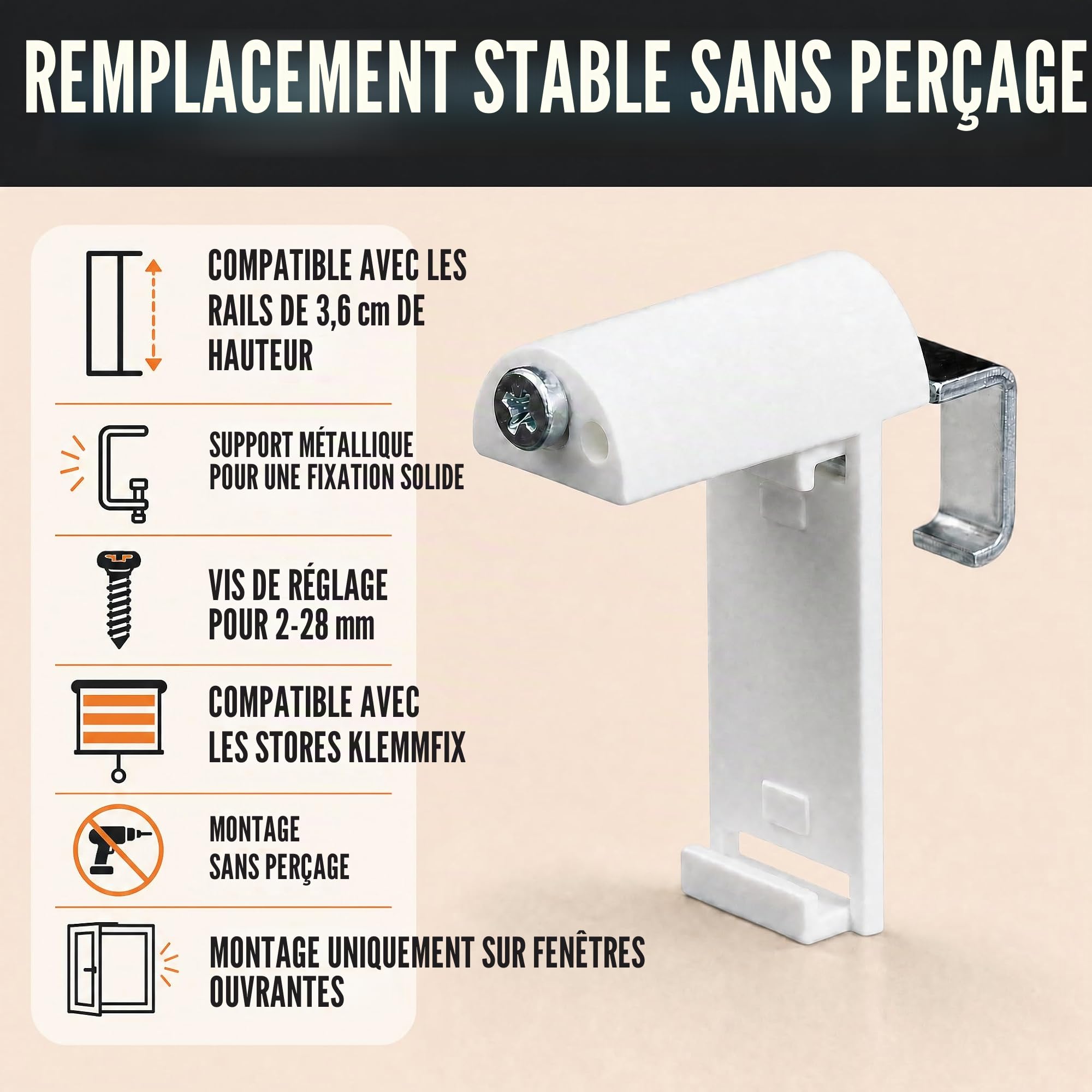 Support Serrage Court avec Support métallique, pour Store Enrouleur Klemmfix/Double/Duo, sans perçage pour Le Serrage, 10 pièces, comme Accessoire Suspension, Fixation sur la fenêtre en PVC