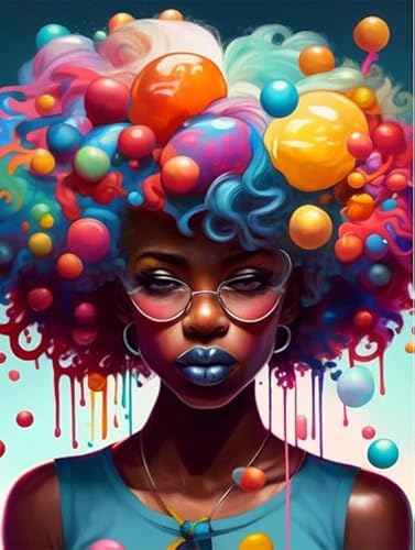 Una mujer africana con cabello de color, hermosos kits de pintura de diamantes para adultos, 5D DIY redondo, punto de cruz, bordado de diamantes de