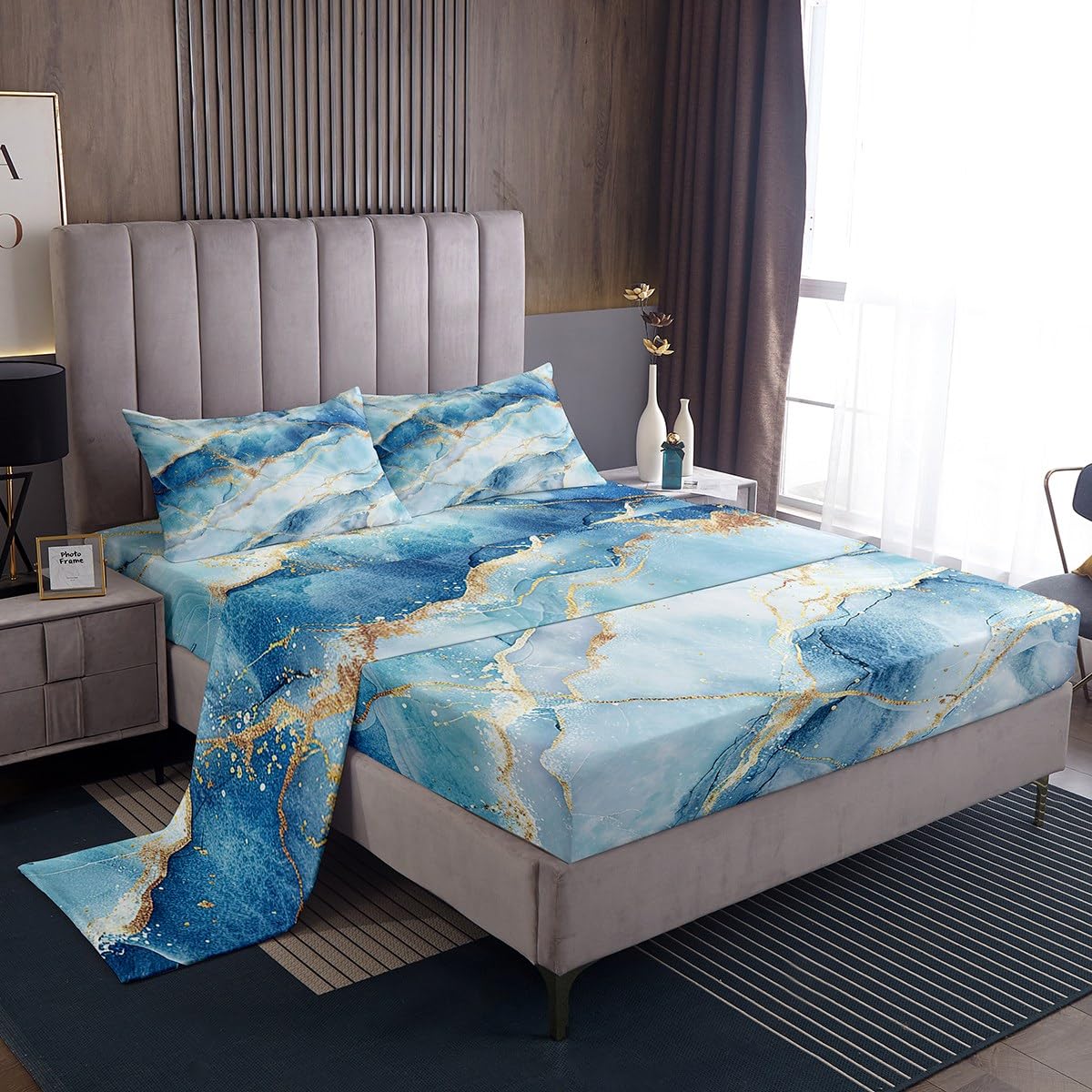 White Blue Marble Bed Sheet Set Girls Women Gold Glitter Stone Texture Sheet Sets Abstract Painted Art Bedding Set for Children Kids Boys Girly Luxury Bright Colorful Sheets Room Decor Queen Size 4Pcs