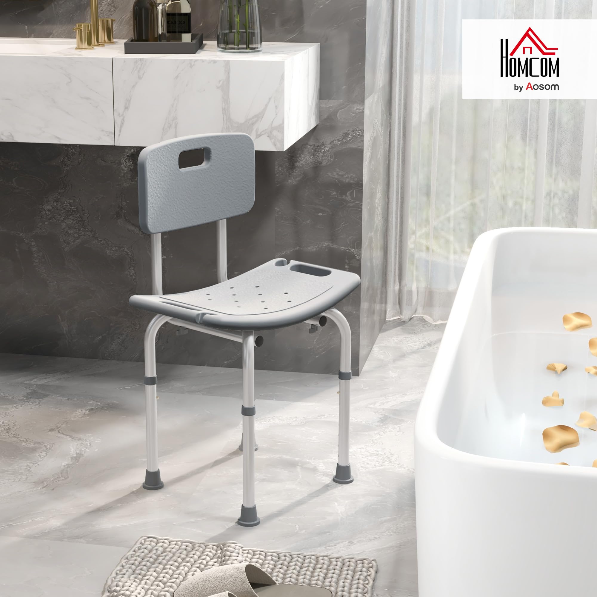 HOMCOM Silla Ducha Personas Mayores Taburete de Ducha Silla para Ducha con Respaldo Antideslizante Altura Regulable en 8 Niveles Carga 136 kg para Ancianos y Discapacitados