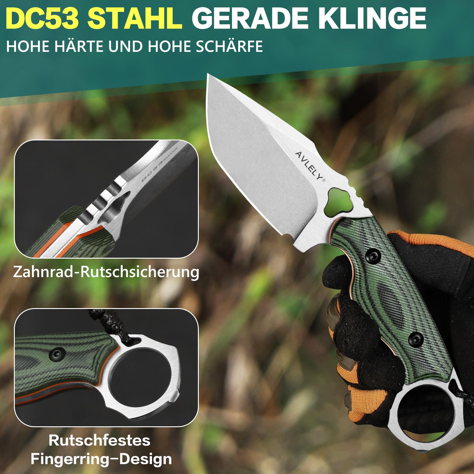 DC53 Stahlmesser mit feststehender Klinge, Outdoor-Überlebensmesser mit feststehender Klinge, mit K-Scheide, rutschfestem G-10-Griff, für Campingausflüge, Dschungel-EDC-Messer (olivgrün)