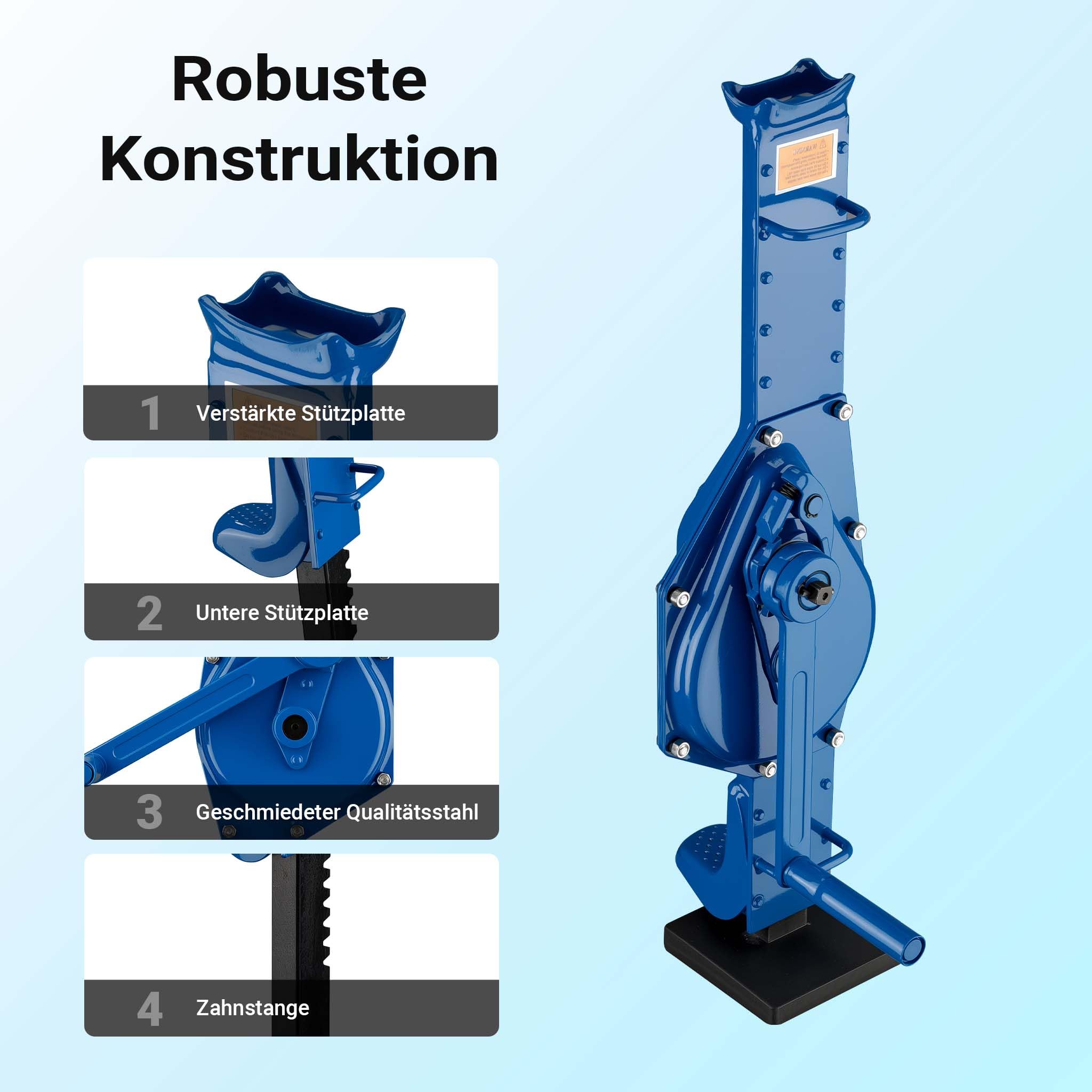 Wiltec Stahlwinde 3000 kg mit Bauhöhe 725 mm, 350 mm Hubhöhe, Robuste Zahnstangenwinde, Hubwinde mit 2 Ansätzen, Stockwinde