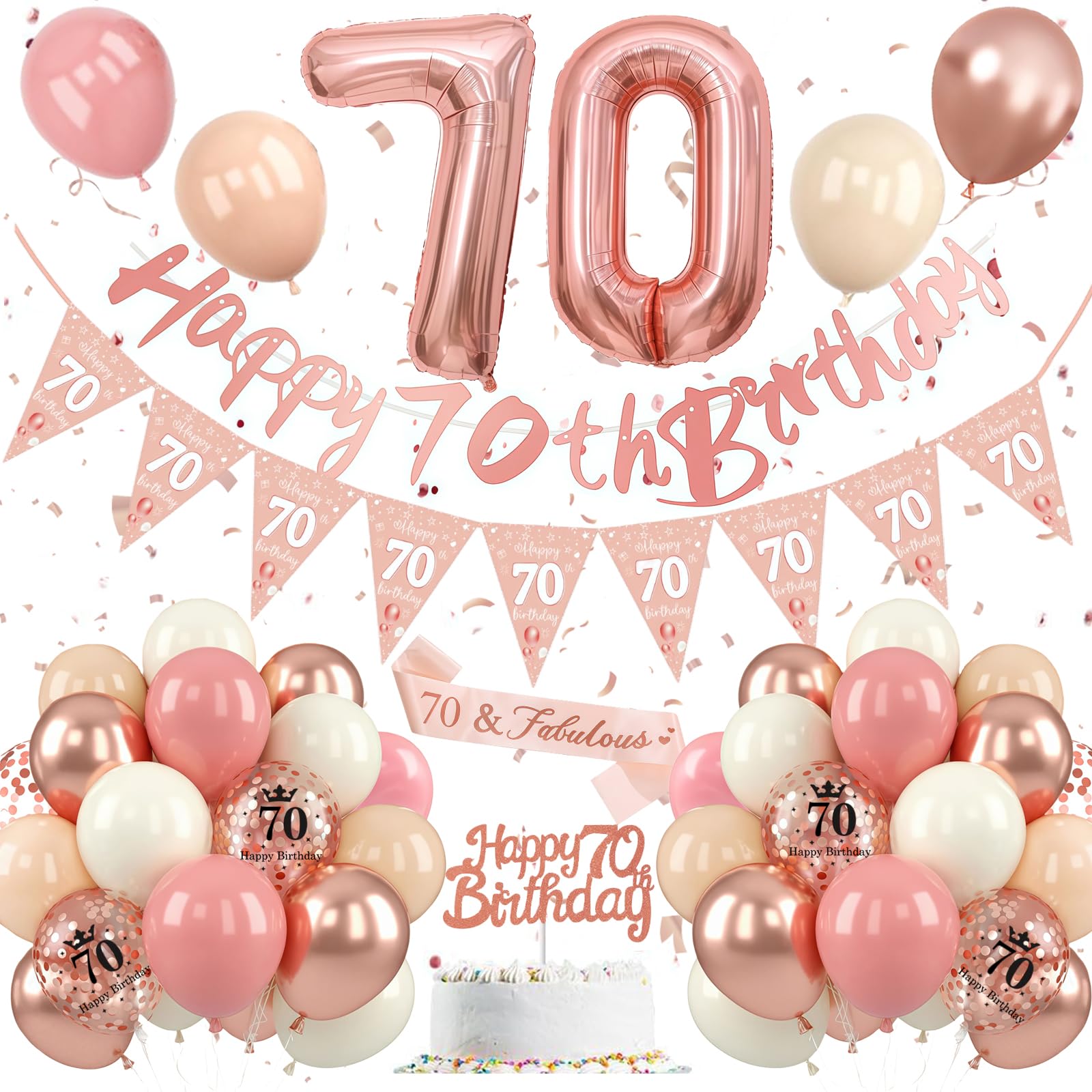 70th Birthday Decoration Rose Gold, pink and white 70th birthday decoration set, 70th birthday decorations, Number 70 balloons with banner, Cake Topper for women, 70th birthday party decorations