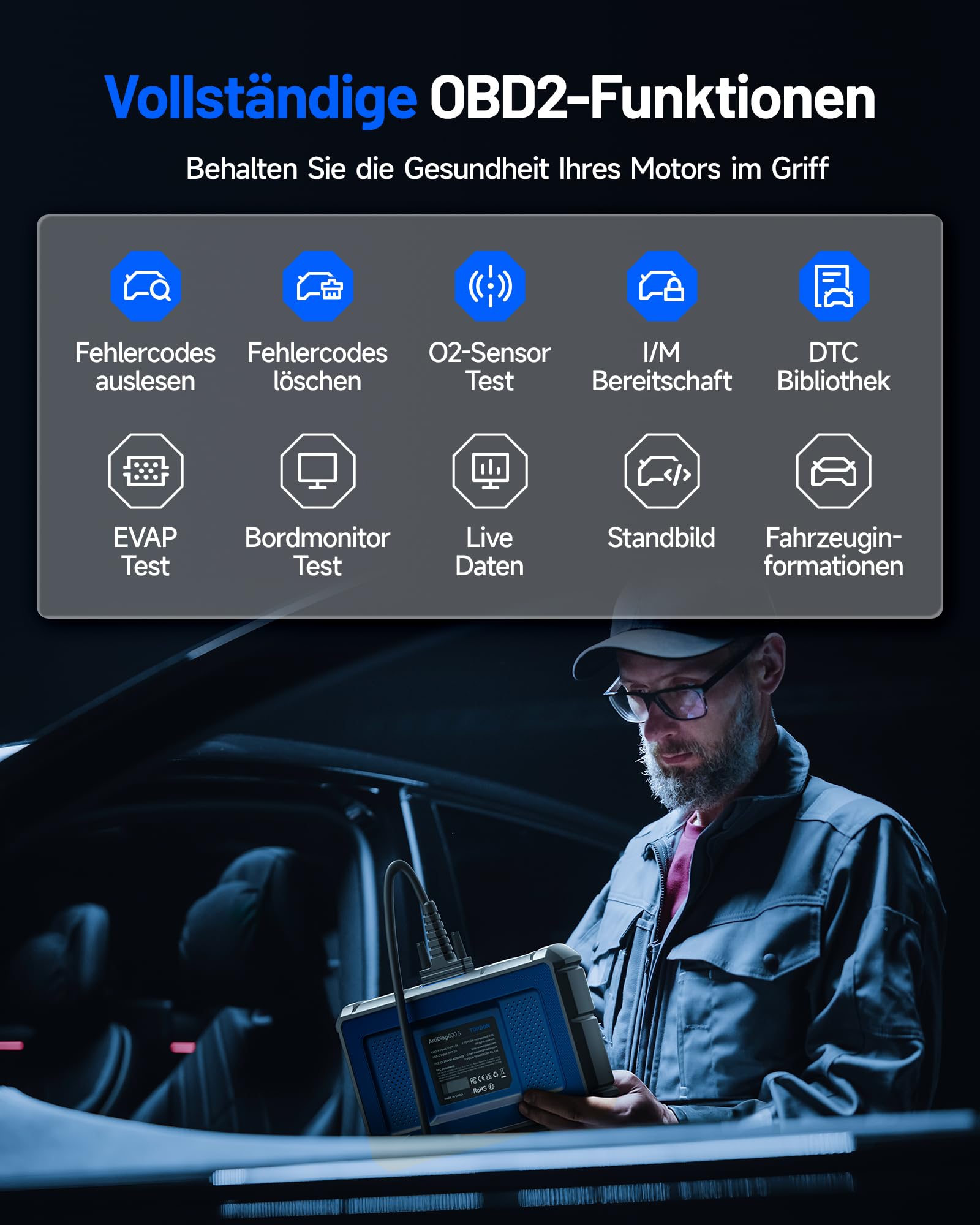 TOPDON ArtiDiag600S OBD2 Diagnosegerät, Diagnosegerät für 4 Systeme Motor/ABS/Airbag/AT, 9 Reset Funktionen auf Öl/Bremse/SAS/BMS/ABS/DPF/TPMS/Drosselklappe volle OBD2 Funktionen, lebenslanges Update