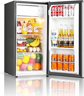 Seaoola Mini Fridge with Freezer, Single Door 3.1 Cu.Ft, Compact Mini Refrigerator, LED Light, Adjustable Thermostat, Removable Glass Shelves, Small Refrigerator for Dorm/Office/Bedroom(Sliver)
