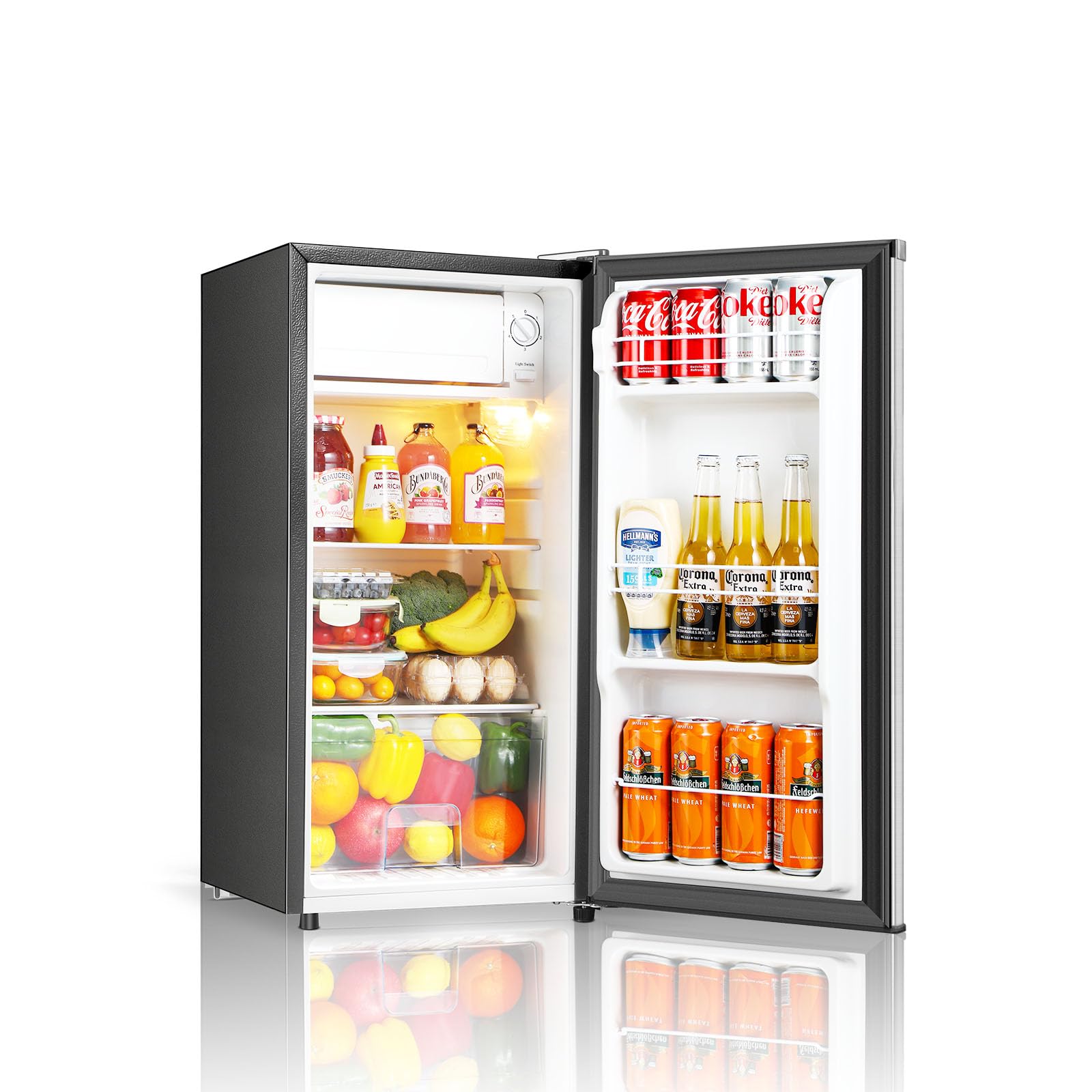 Seaoola Mini Fridge with Freezer, Single Door 3.1 Cu.Ft, Compact Mini Refrigerator, LED Light, Adjustable Thermostat, Removable Glass Shelves, Small Refrigerator for Dorm/Office/Bedroom(Sliver)