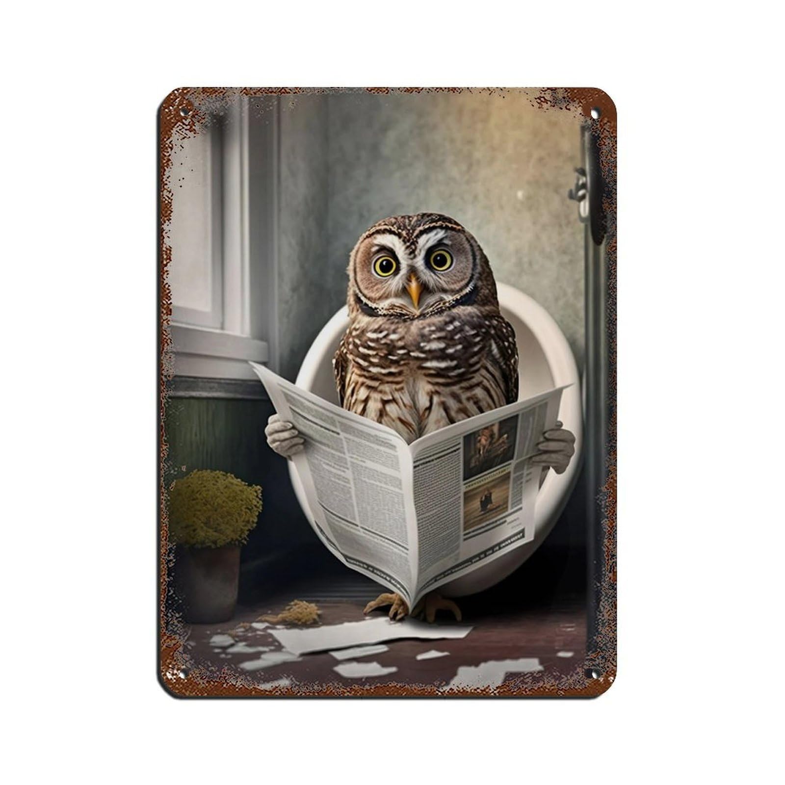 Owl Sitting on The Toilet Reading A Newspaper Tin Sign Vintage Metal Pub Club Cafe Bar Home Wall Art Decoration Poster Retro 12x16inch(30x40cm)