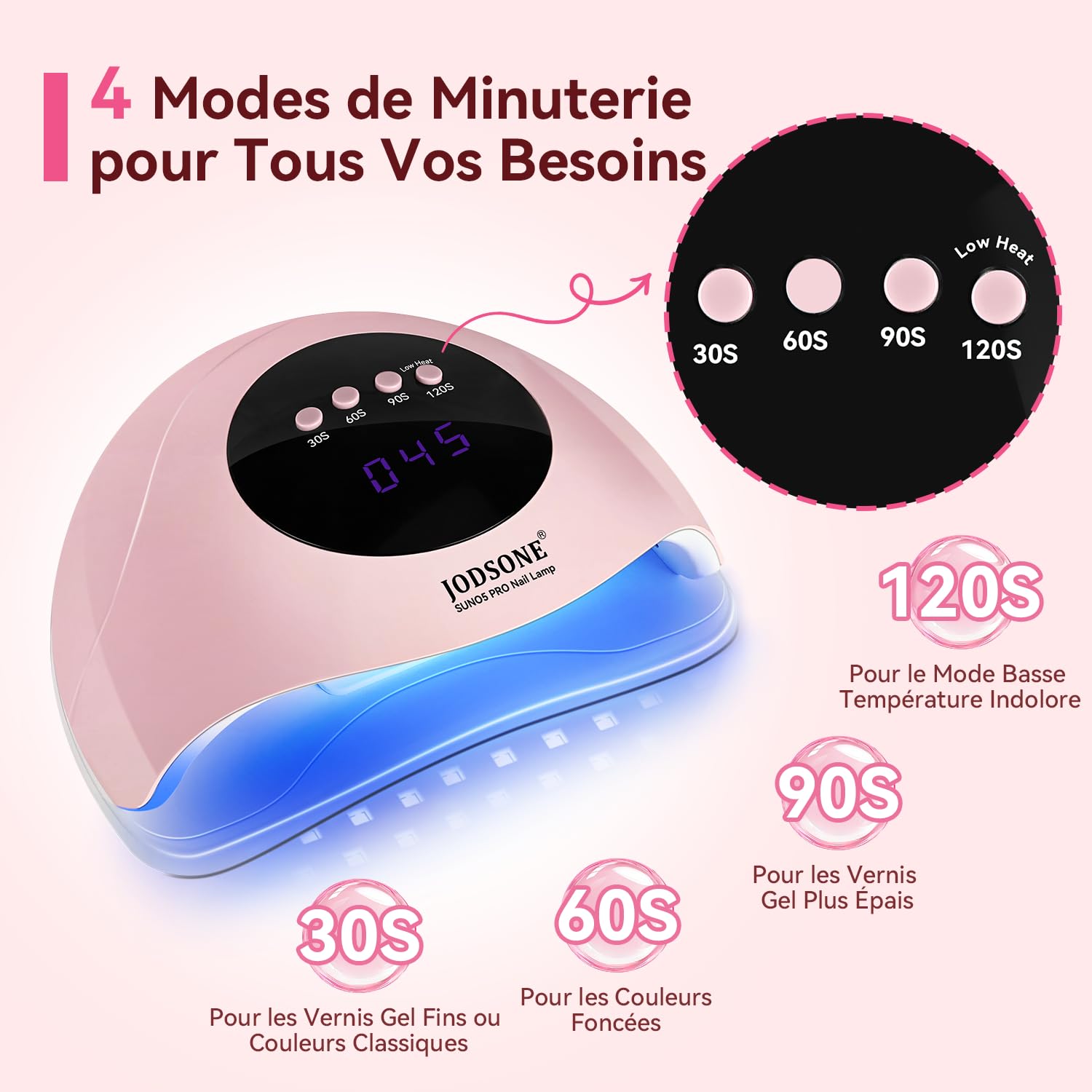 JODSONE Lampe UV Ongles Gel, Lampe à Ongles UV/LED Double Source Lumineuse avec 4 Minuteries et Capteur Automatique, Séchage Rapide du Vernis Gel-Rose