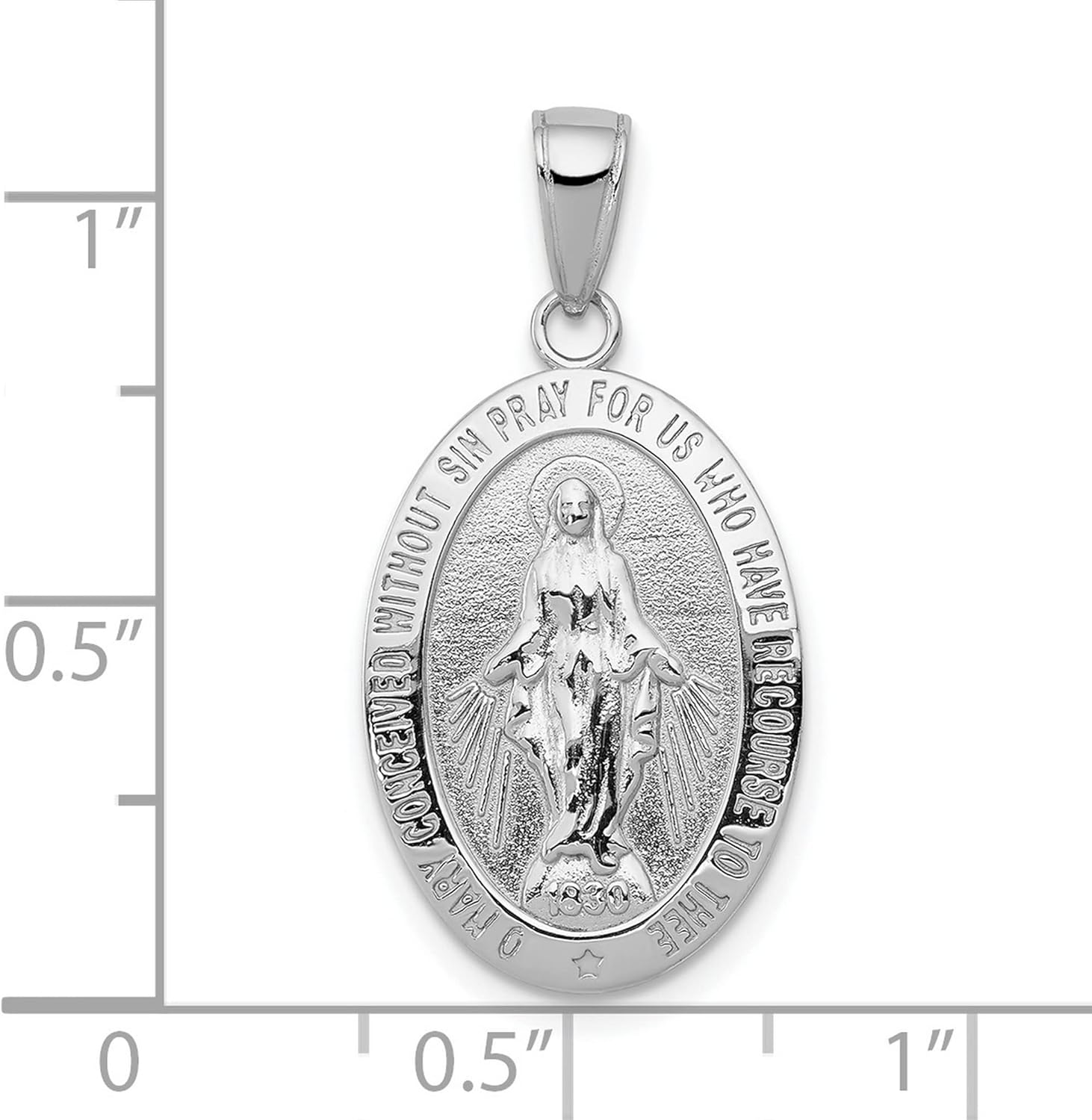 10k White Gold Miraculous Virgin Mary Medal Pendant with Rays of Light, Inscribed Catholic Devotional Jewelry for Women, Oval Faith Necklace, Religious Gold Charm, Spiritual Marian Medal