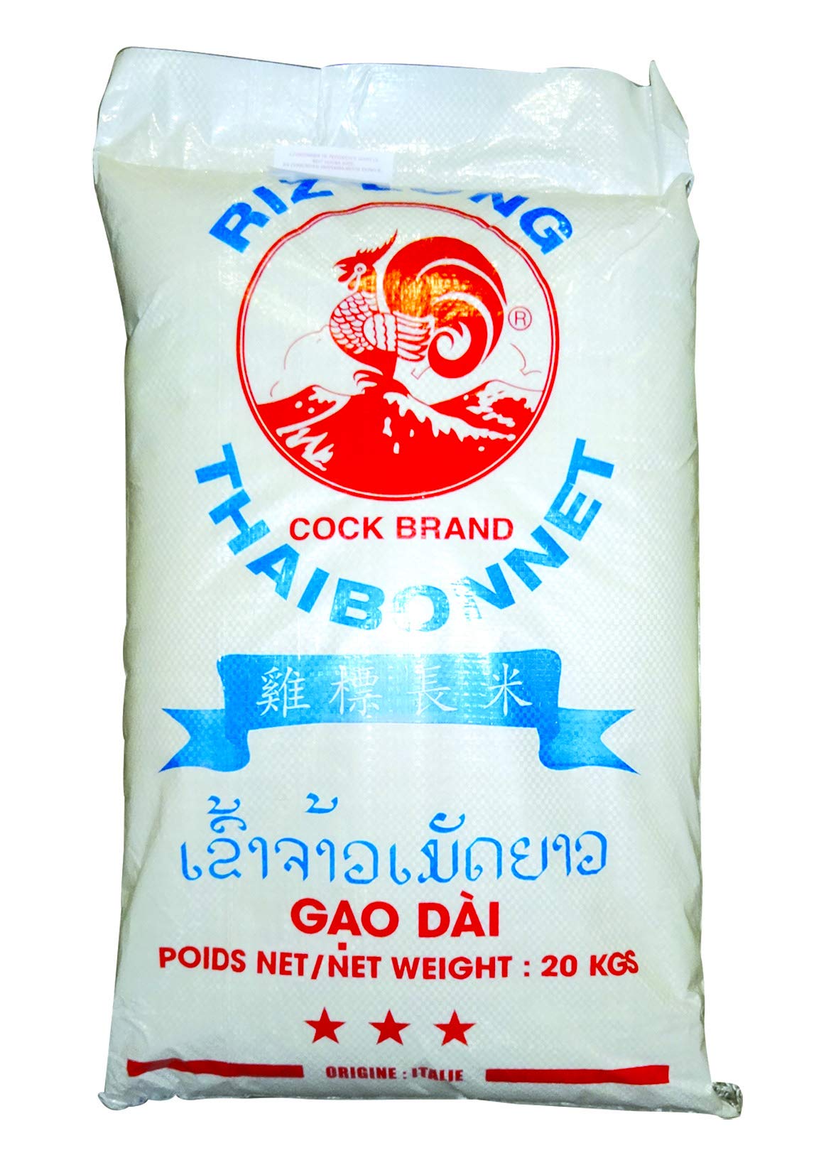 Riz long Thai Thaibonnet Gao Dai Thaïlandais - Marque Coq - Sac de 20KG - Livraison Gratuite France Expédition par la sté Bo Time