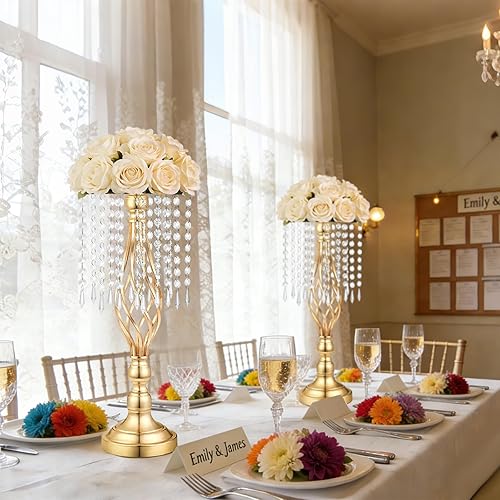 Miniatura 12 de Gold Crystal Tall Vase Centerpiece Stand, Elegant Gold Flower Holder for Wedding Table Centerpieces, Perfect Wedding Reception Table Decor, Bases