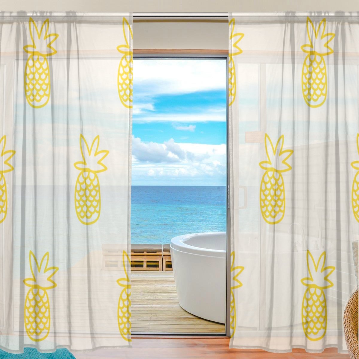 Amazon｜旅立の店 カーテン レースカーテン パイナップル柄 黄色 半