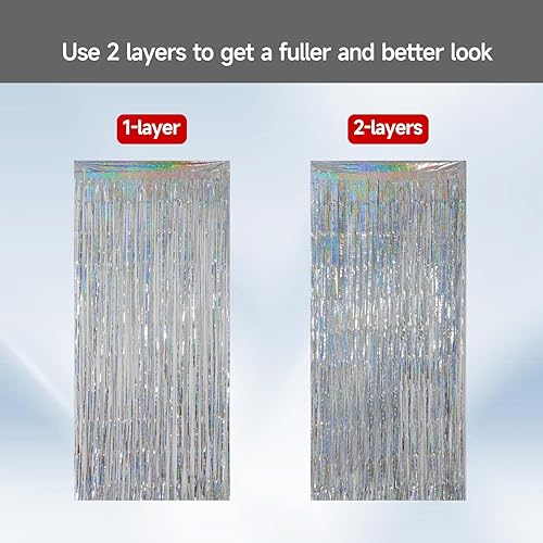 Miniatura 2 de Paquete de 4 cortinas de flecos de papel de aluminio plateado, serpentinas metálicas de oropel para fiesta, telón de fondo brillante para