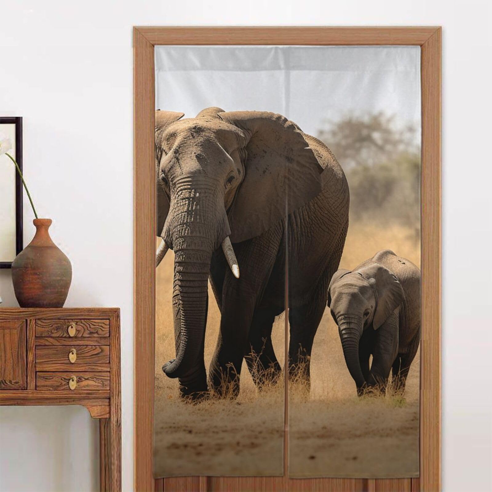 Door Curtains Fengshui Curtain Walking elephants mother and baby Tapestry Blackout Curtain for Doorway Privacy Door Window Curtain Door Sidelight Curtain for Home Bedroom Kitchen Decoration 34x56in