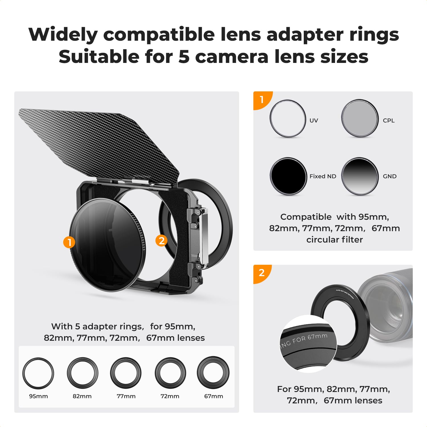 K&F Concept Matte Box, DSLR Camera Matte Box with Carbon Fiber Top Flag, with 67/72/77/82/95mm Adapter Rings for 4x5.65 ND UV Filter/Circular Filter