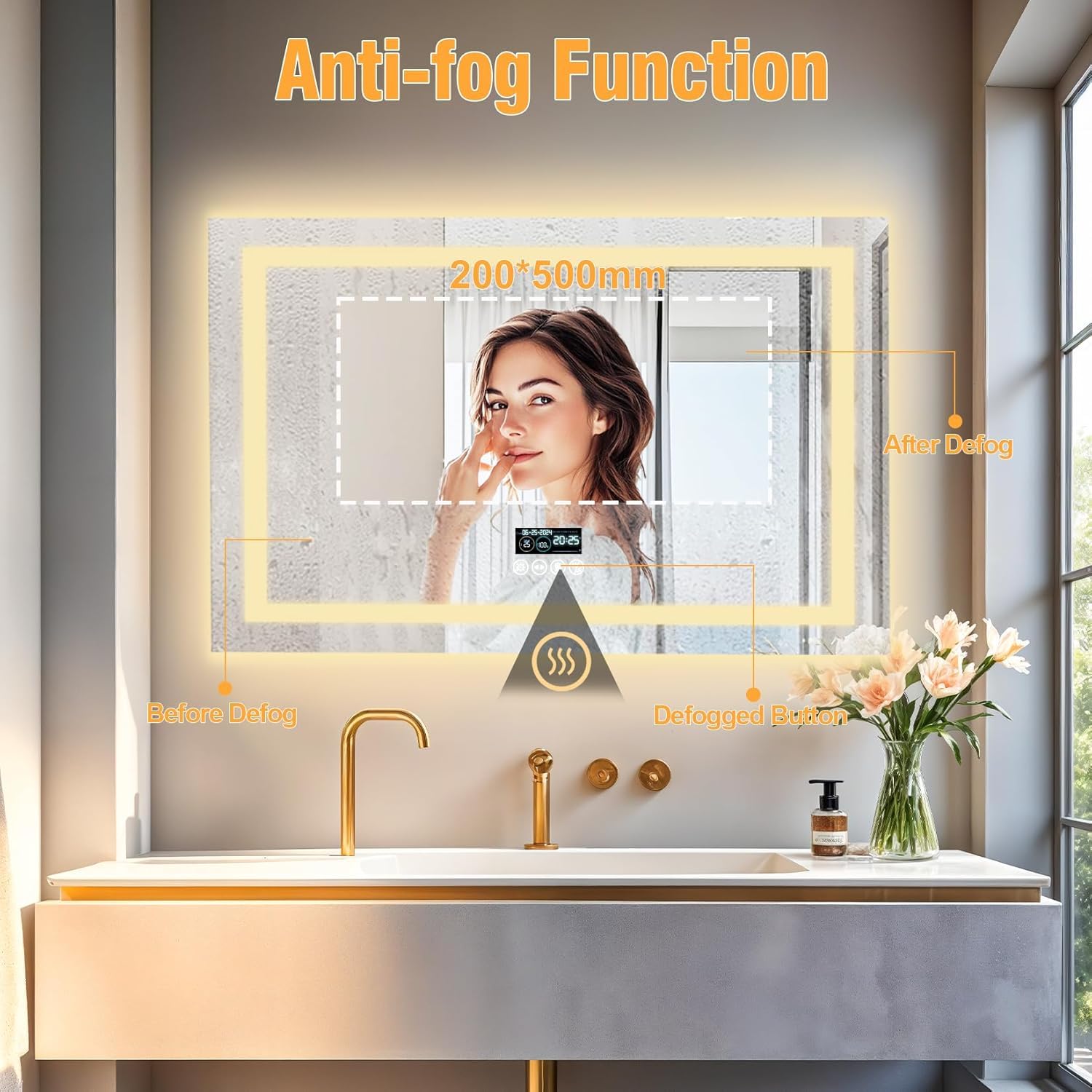 LUVODI Bluetooth Ora Data Specchio Bagno Led Luce 100x70cm Antiappannamento 3000K-6000K Dimmerabile 3 Colori Luce Funzione Memoria Specchio in Resina Specchio Retroilluminato Bagno con Bluetooth