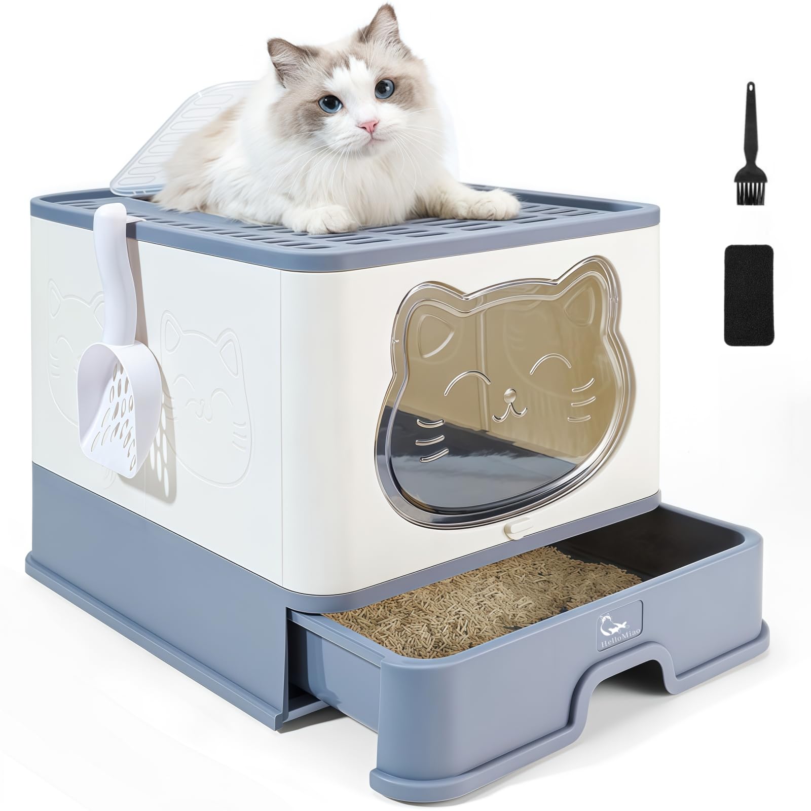 Arenero para Gatos Completamente Cerrado HelloMiao con Tapa — Sanitario Grande Desodorante, Sistema de cajón y Plegable, Incluye Pala práctica para Recoger heces