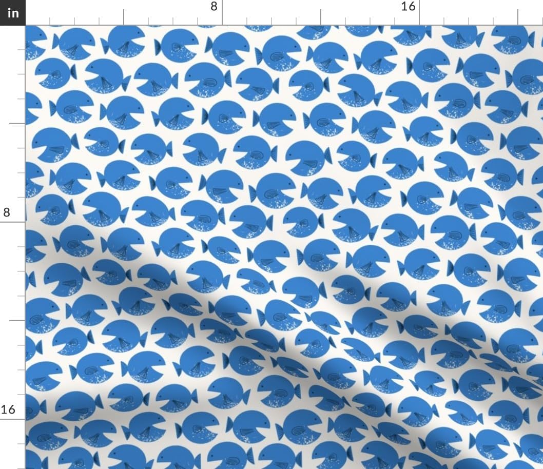 Spoonflower Fabric - Whimsical Blue Fish Coastal Fun Cute Happy Cheerful Bright Nautical Printed on Petal Cotton Fabric Fat Quarter - Sewing Quilting Apparel Crafts Decor