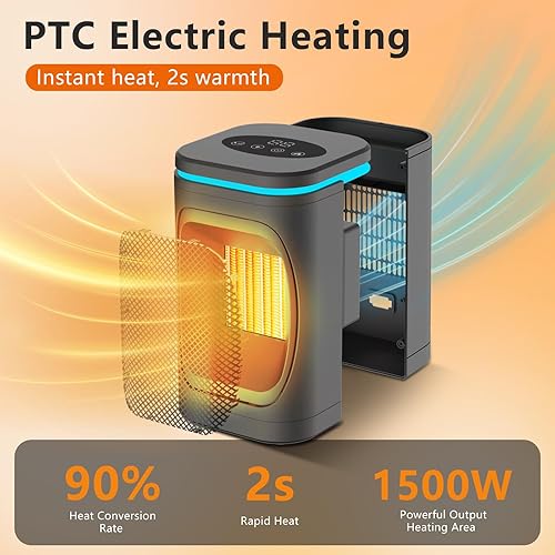 Miniatura 2 de Yeehi - Calentador de espacio portátil para uso en interiores, calentador eléctrico de cerámica PTC de 1500 W con control remoto, luz nocturna, modo