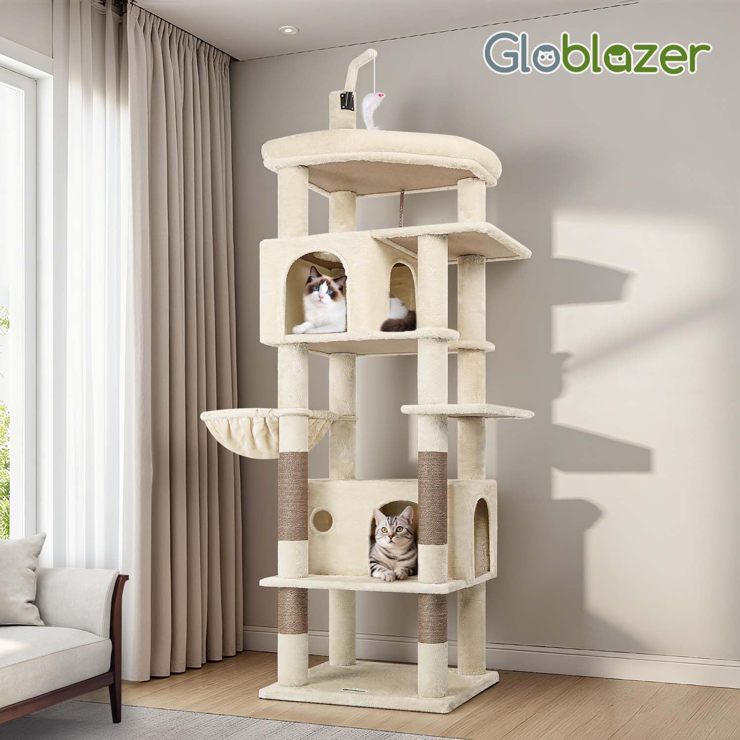Globlazer Árbol Rascador para Gatos Beige Grande 188 cm Alto con 2 Nidos, Grande Plataforma Acolchada, Felpa Cesta, Peluche Juguetes, Estable Torre para Gatos Adultos Descansar Jugar (F74B, Beige)
