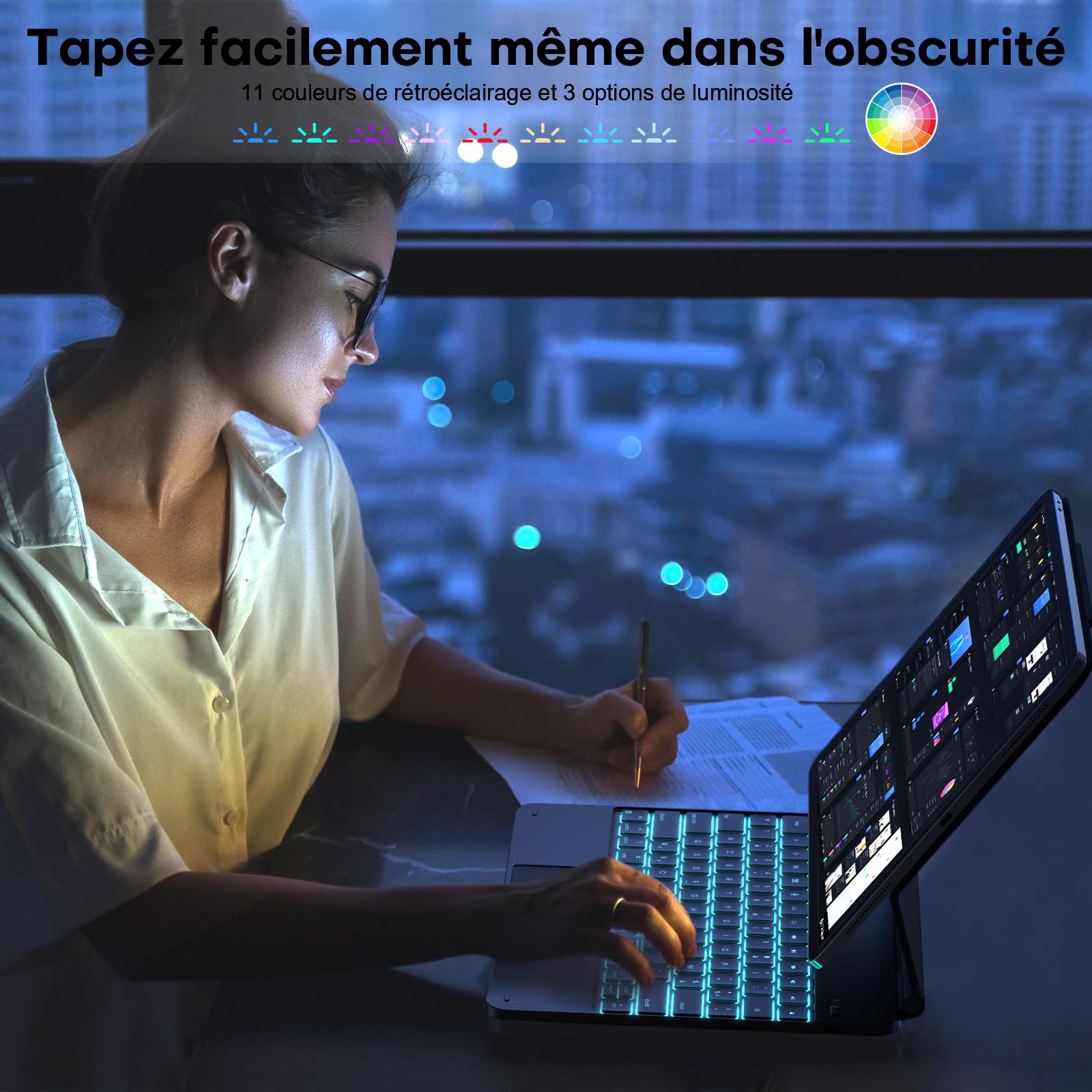 TECURS Clavier pour iPad Air 13" (M4/M3/M2, 2026/2025/2024) /Pad Pro 12.9 (6e, 5e, 4e, 3e gén), Magic Keyboard pour iPad Pro 12.9, AZERTY Étui Clavier Magnétique, Rétroéclairage 11 Couleurs, Noir