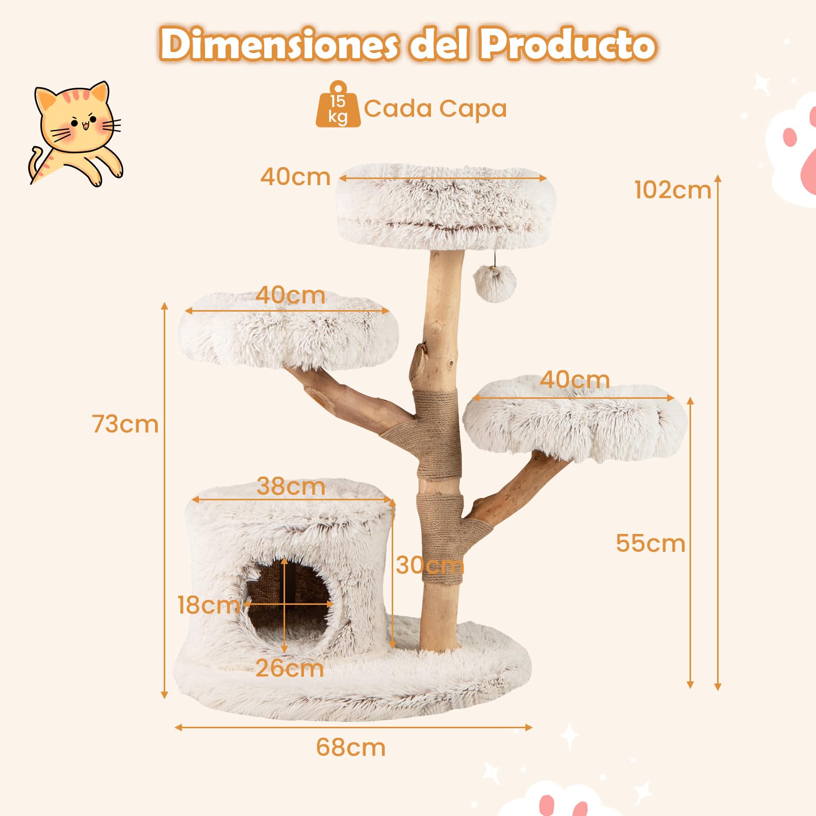 COSTWAY Árbol para Gatos Moderno de Madera Maciza, 102 cm Torre Gatos Rascador Acolchado con Felpa Extra Suave, Rascador para Gatito, 3 Plataformas, Poste de Yute, Nido, Bola Colgante, Blanco