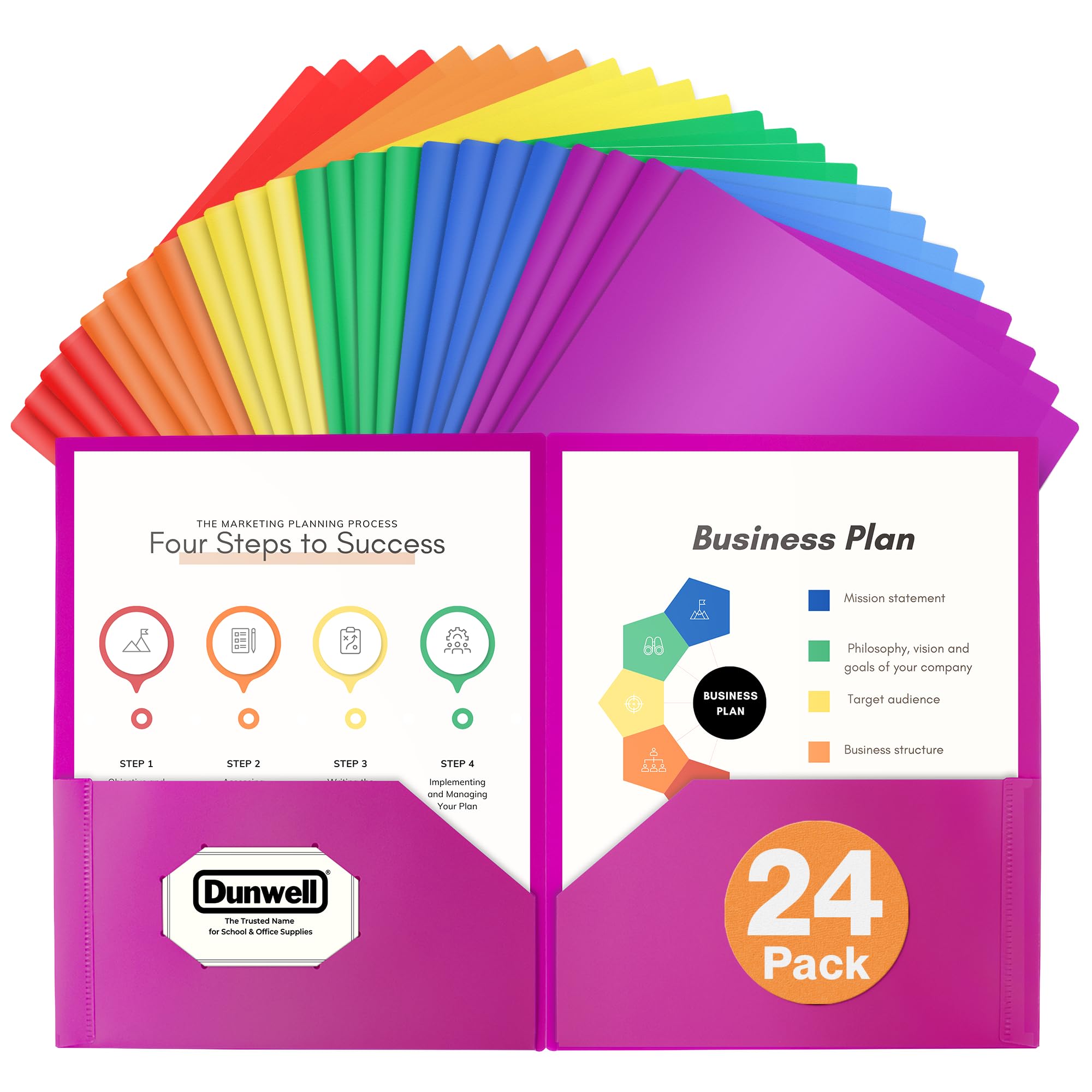 Dunwell Plastic 2-Pocket Folders (24 Pack, Assorted Colors), 8.5x11 Document Folders for School and Office, Heavy Duty Poly, Long Lasting, Includes Labels