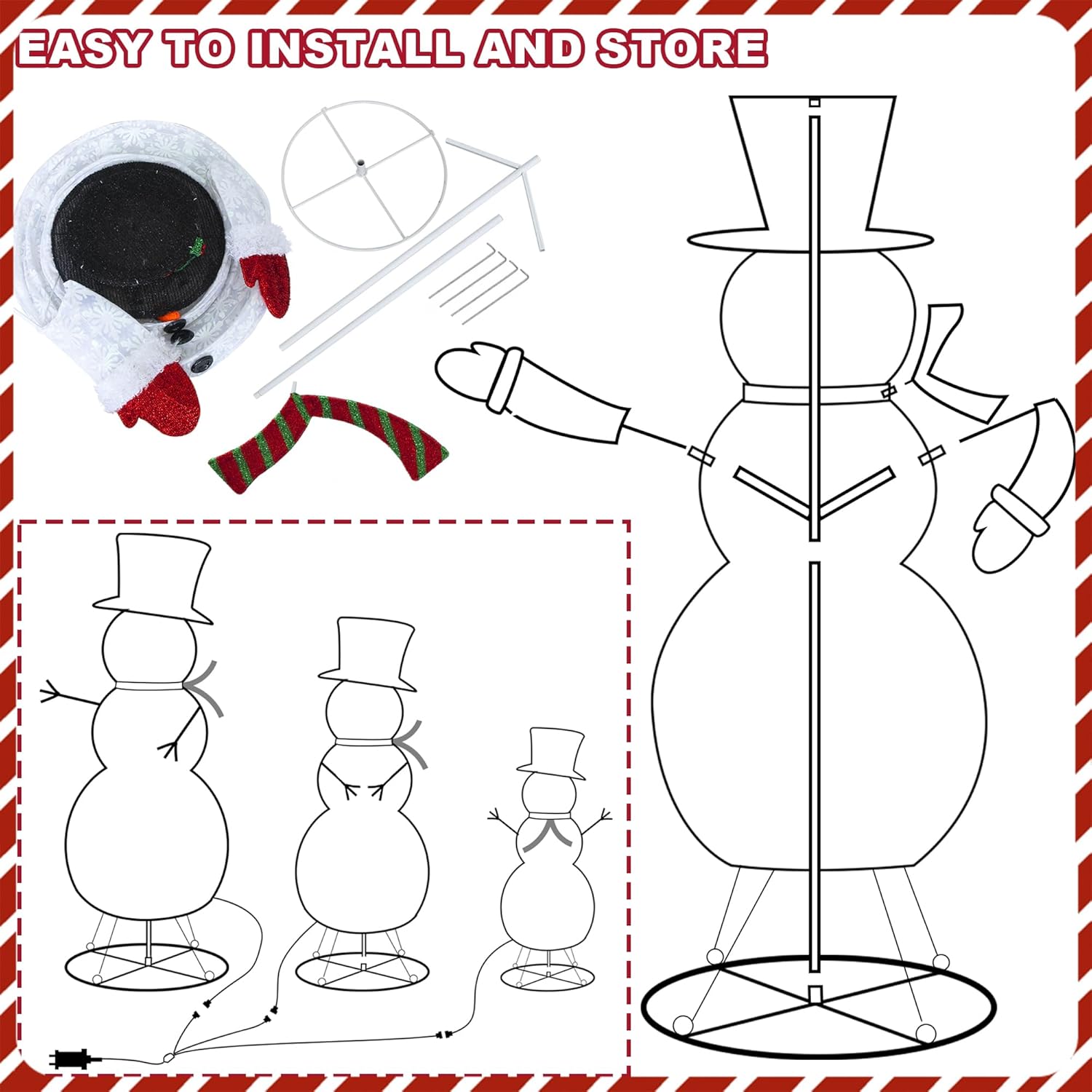 kemooie 3 Pcs 3D Lighted Christmas Snowman Decorations, 4FT+3FT+2FT Collapsible Snowman Outdoor Decorations with 270 LED Lights, Pre-lit Snowman Family Set for Indoor Outdoor Garden Lawn Xmas Decor