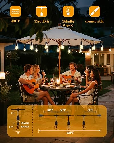Miniatura 4 de Tira de luces LED superbrillantes para exteriores, bombillas S14 de 48 pies (1 repuesto), IP65 impermeable, grado comercial e inastillable,