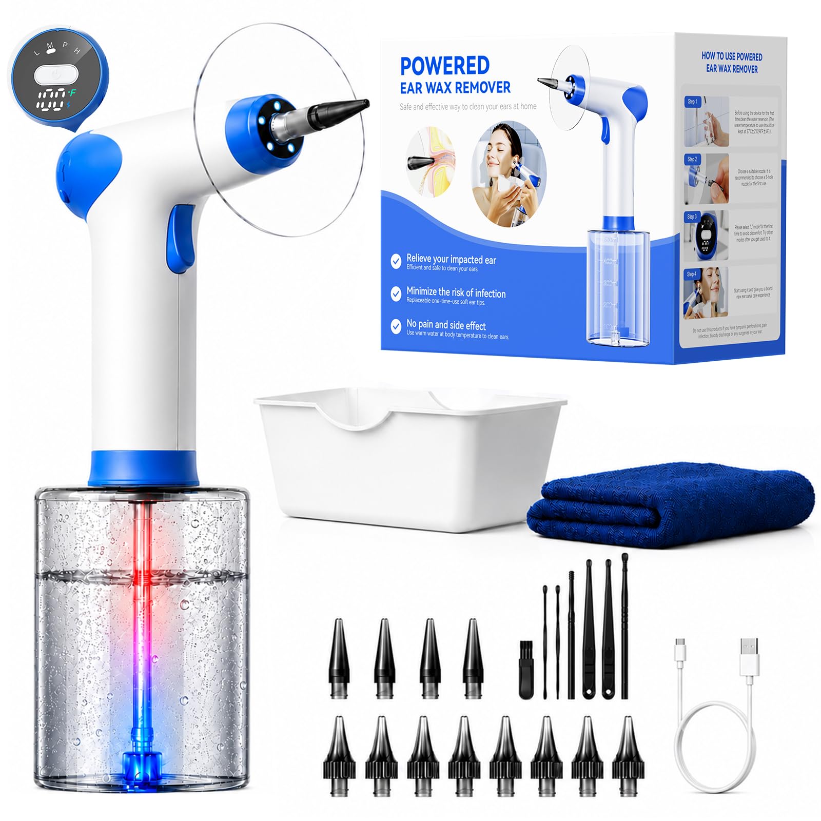 Photo 1 of 2026 Upgraded Ear Wax Removal Kit, Electric Ear Wax Removal Tool with Digital Temperature Display, Ear Cleaner with 4 Pressure Modes, Earwax Removal for Adults Kids, Includes Towel, 12 Tips & Basin