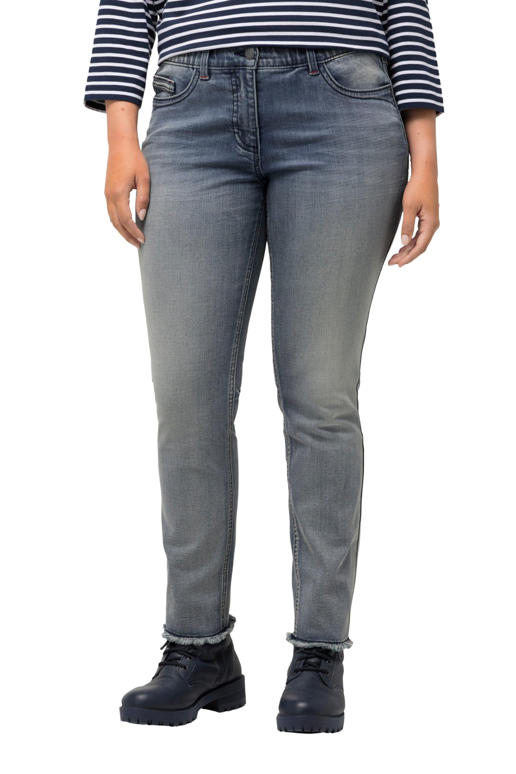 Ulla Popken Damen große Größen Übergrößen Plus Size Jeans Sarah, Fransensaum, schmales Bein, Elastikbund 823810