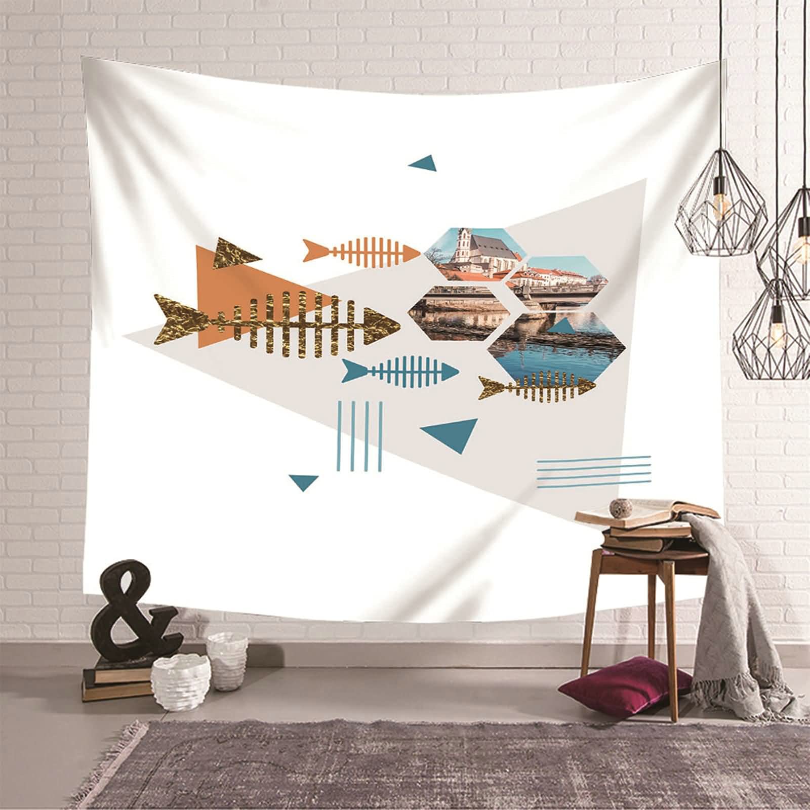Tapiz de pared para salón, textil geométrico gris y azul ideal para cambiar tu decoración