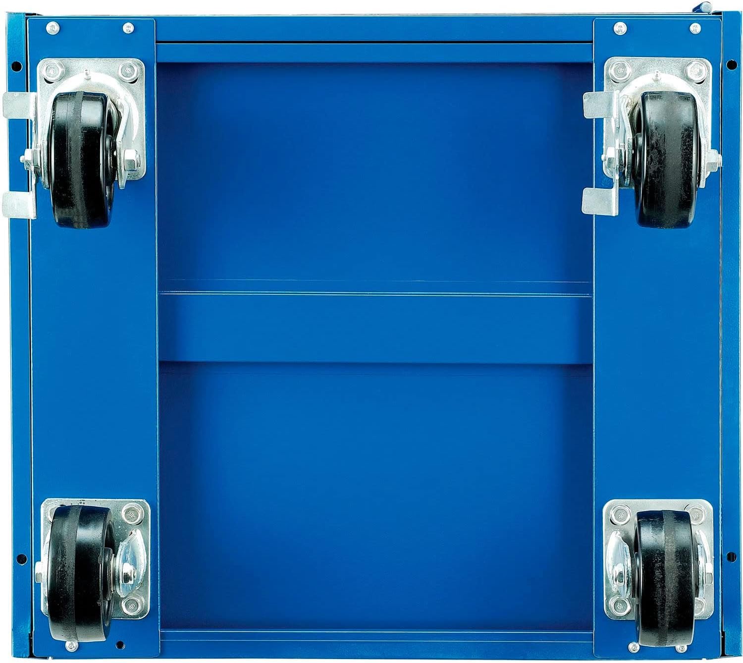 Underside of the cabinet showing four casters attached