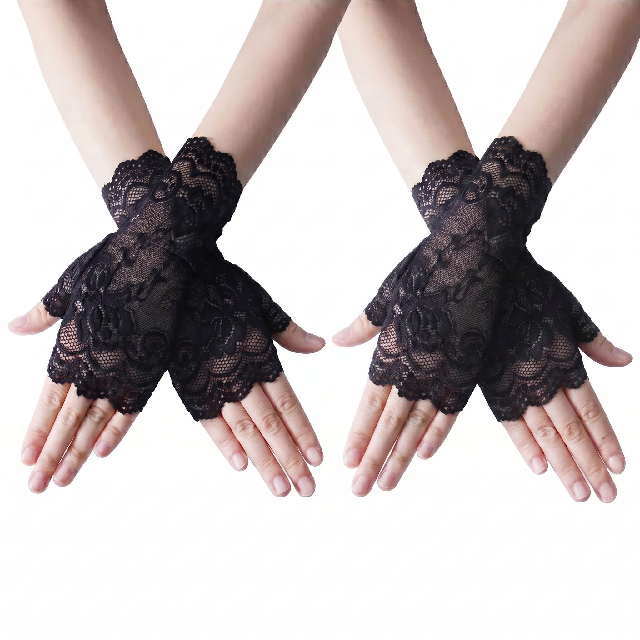 Leryavow 2 PairsGothic-style Opera Gala Wedding role-playing Lace Gloves Black Black