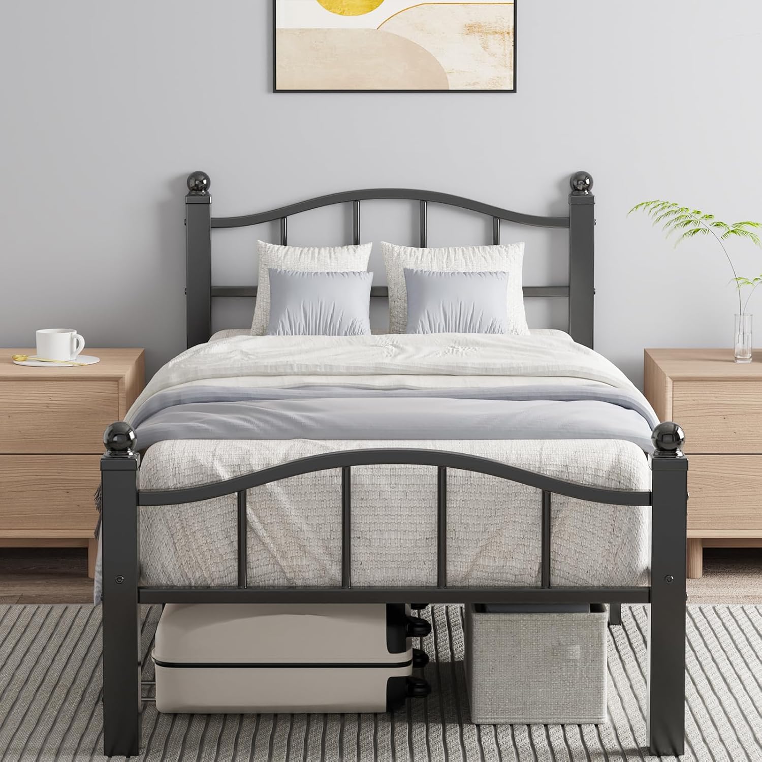 Photo 1 of Metal Twin Bed Frames, Noise-Free Design & Underbed Storage Heavy Duty Bed Frames with Headboard No Box Spring Needed/Tool-Free Assembly