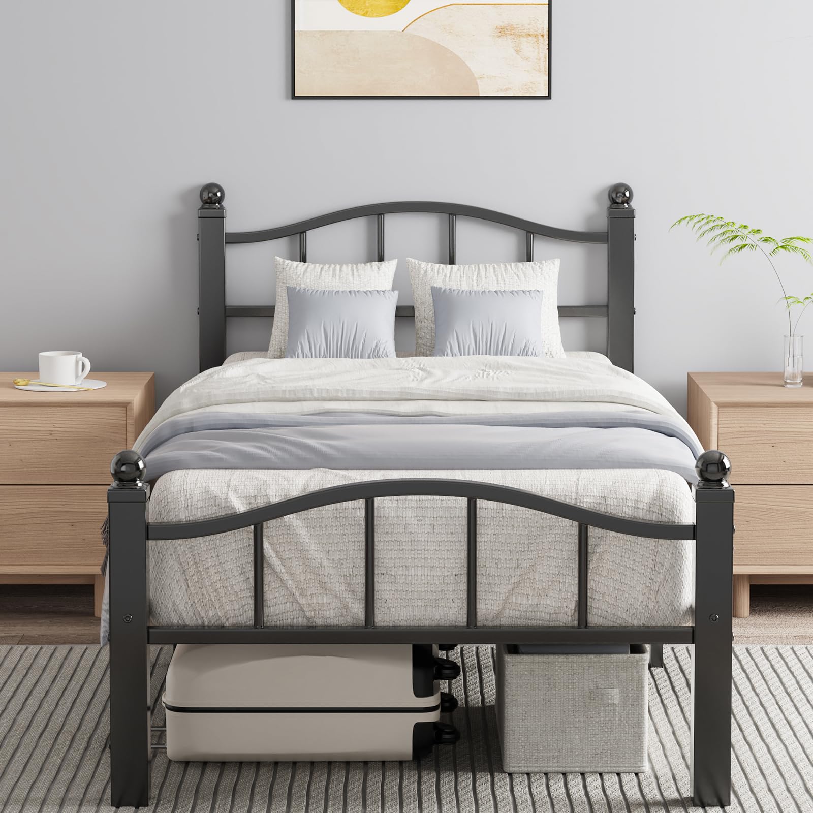 metal twin bed frames, noise-free design & underbed storage heavy duty bed frames with headboard no box spring needed/tool-free assembly