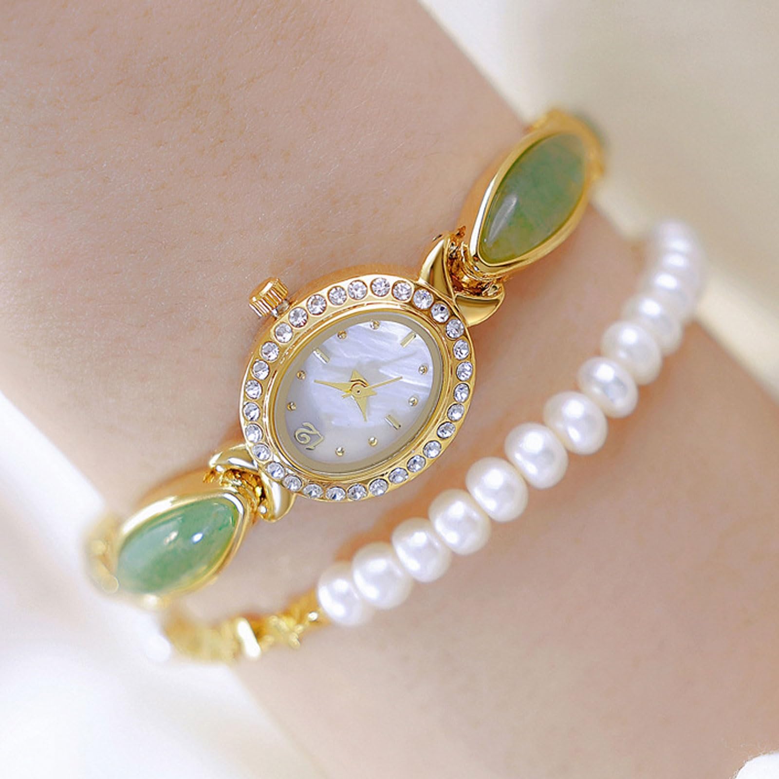 Confezione da 2 orologi al quarzo con quadrante ovale in avventurina naturale e nefrite, orologio con bracciale impermeabile, regalo alla moda for donna