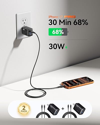 Miniatura 3 de INIU Paquete de 2 cargadores tipo C de 30 W de carga rápida y cable INIU USB C a USB C (6.6 pies + 6.6 pies), cable de carga rápida tipo C de 240 W