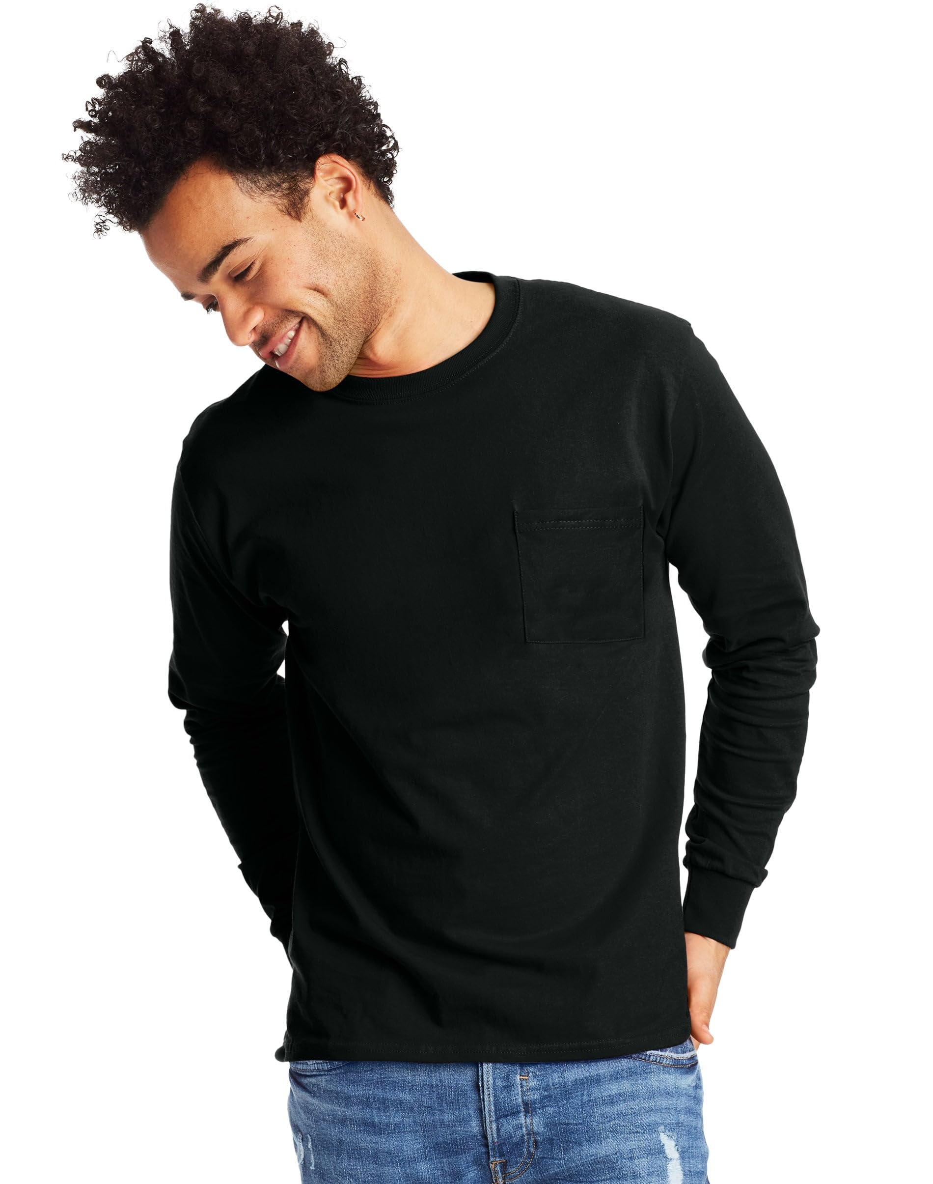 Hanes T-Shirt da Uomo Essentials a Maniche Lunghe, in Cotone, con Tasca, a Maniche Lunghe, da Uomo