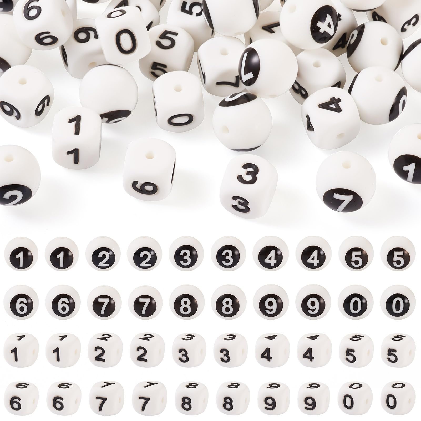 Spritewelry 40 Pcs Numbers Beads White Cube Round Number Silicone Focal Beads Loose Spacer Balls for DIY Bracelet Necklace Keychain Jewelry Making