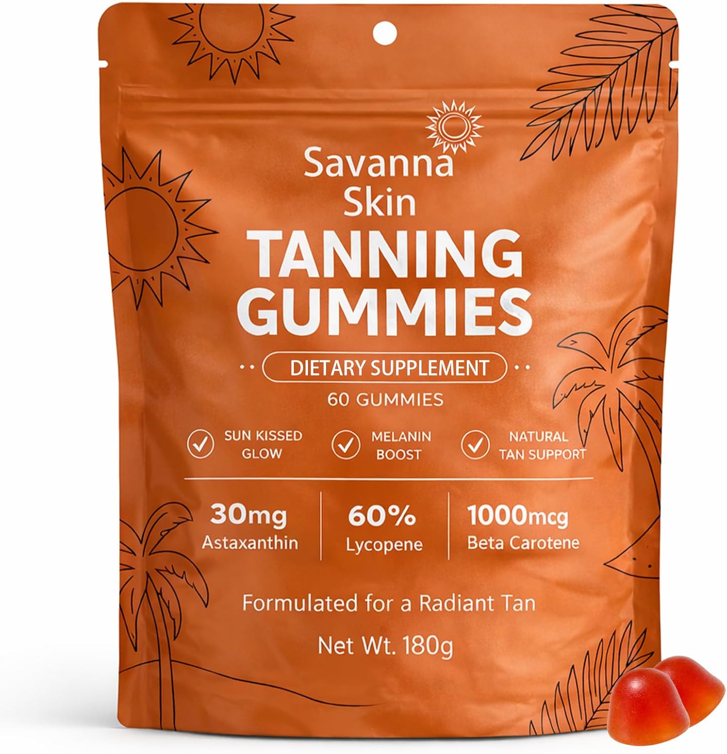 Savanna Skin Tanning Gummies, with Vitamin C & E, Astaxanthin, Beta Carotene, Skin Radiance & Hydration for Natural Looking Glow, Bronzing, Non-GMO, Vegan & Sugar Free - 60 Count (1)