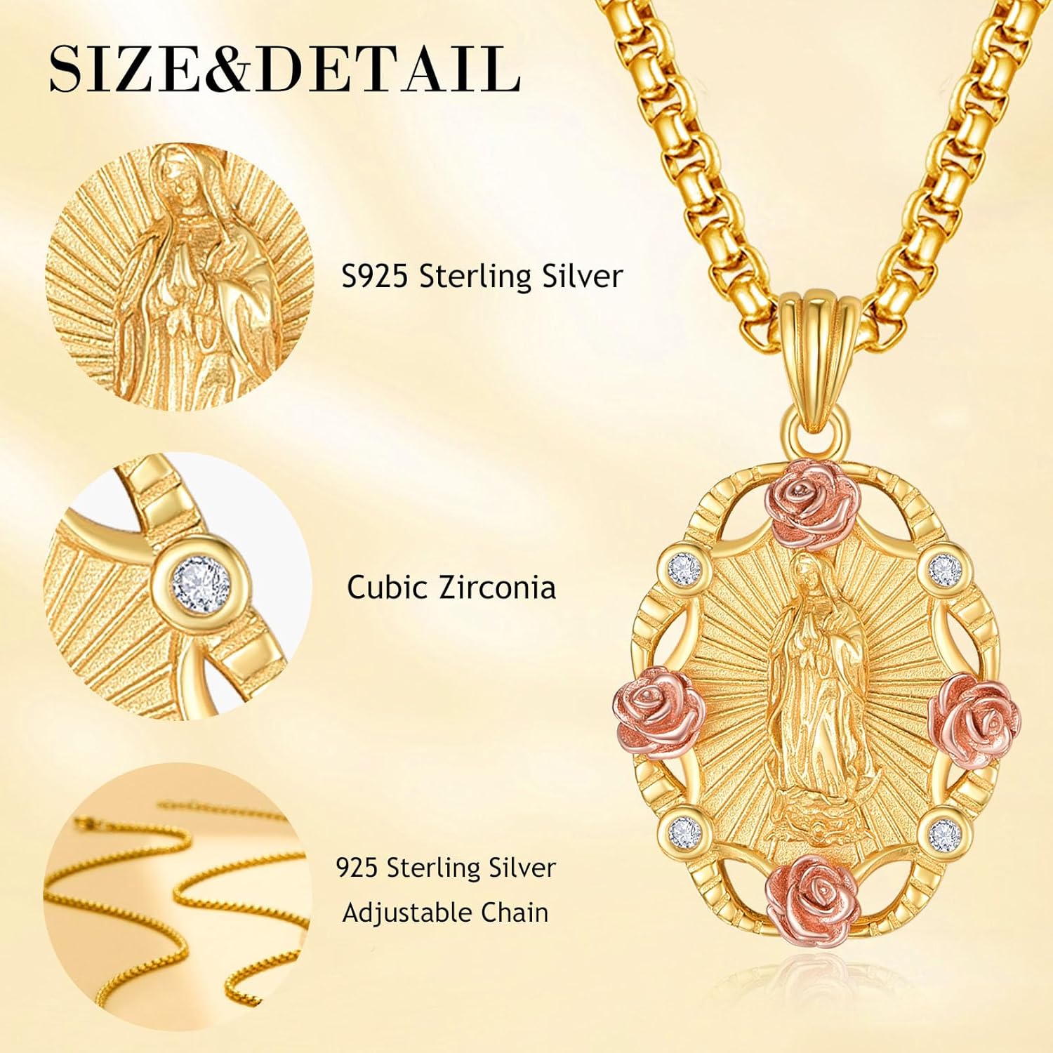 AENEAS Virgin Mary Necklace for Women Gold Plated Sterling Silver Our Lady of Guadalupe Pendant Rose Flower Miraculous Medal Jewelry Gift for Mom Wife - Image 5