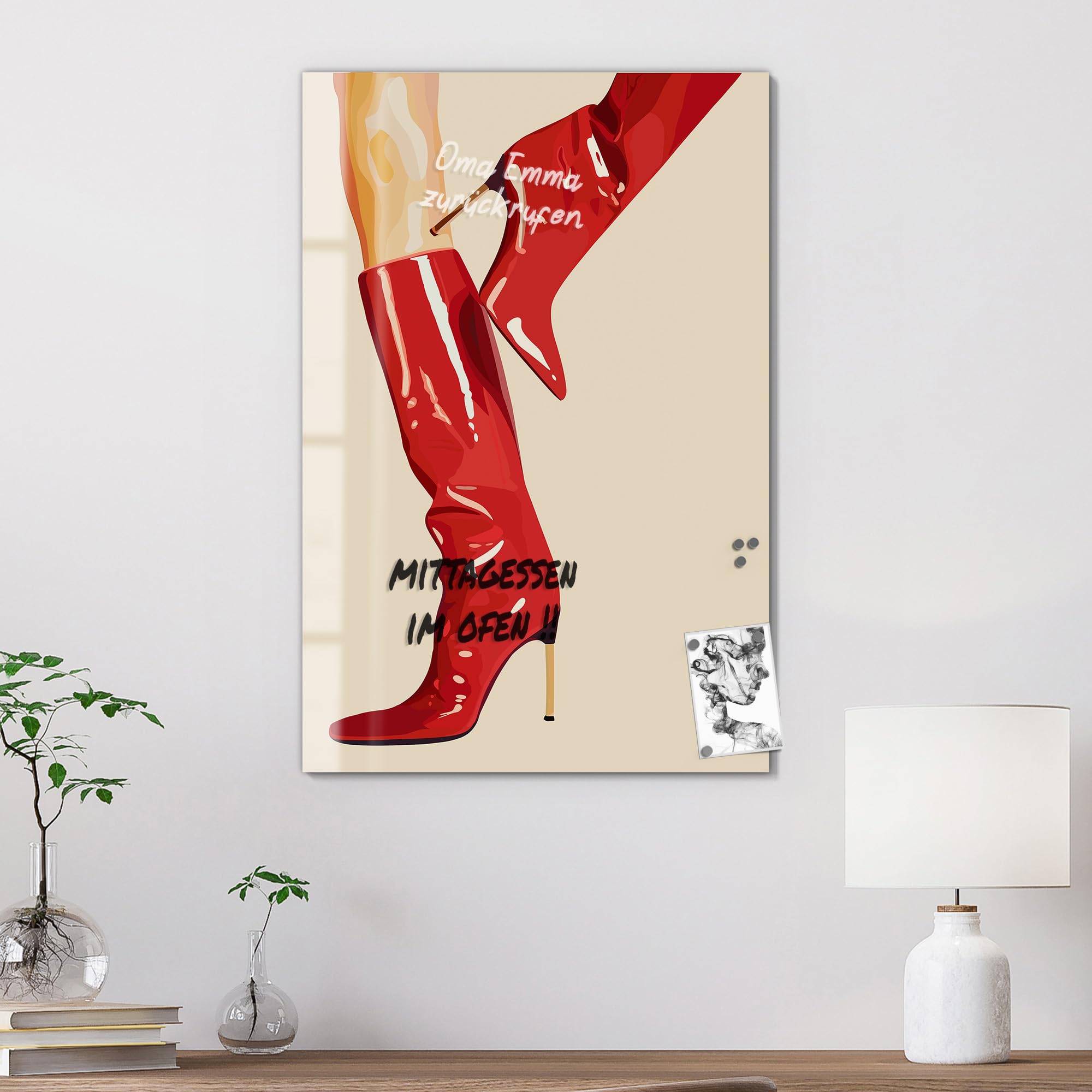 DEQOART Pizarra magnética de cristal, 60 x 90 cm, diseño de la danza de las botas, pizarra magnética con imanes, bolígrafo y paño para cocina y oficina, pizarra magnética y se puede escribir
