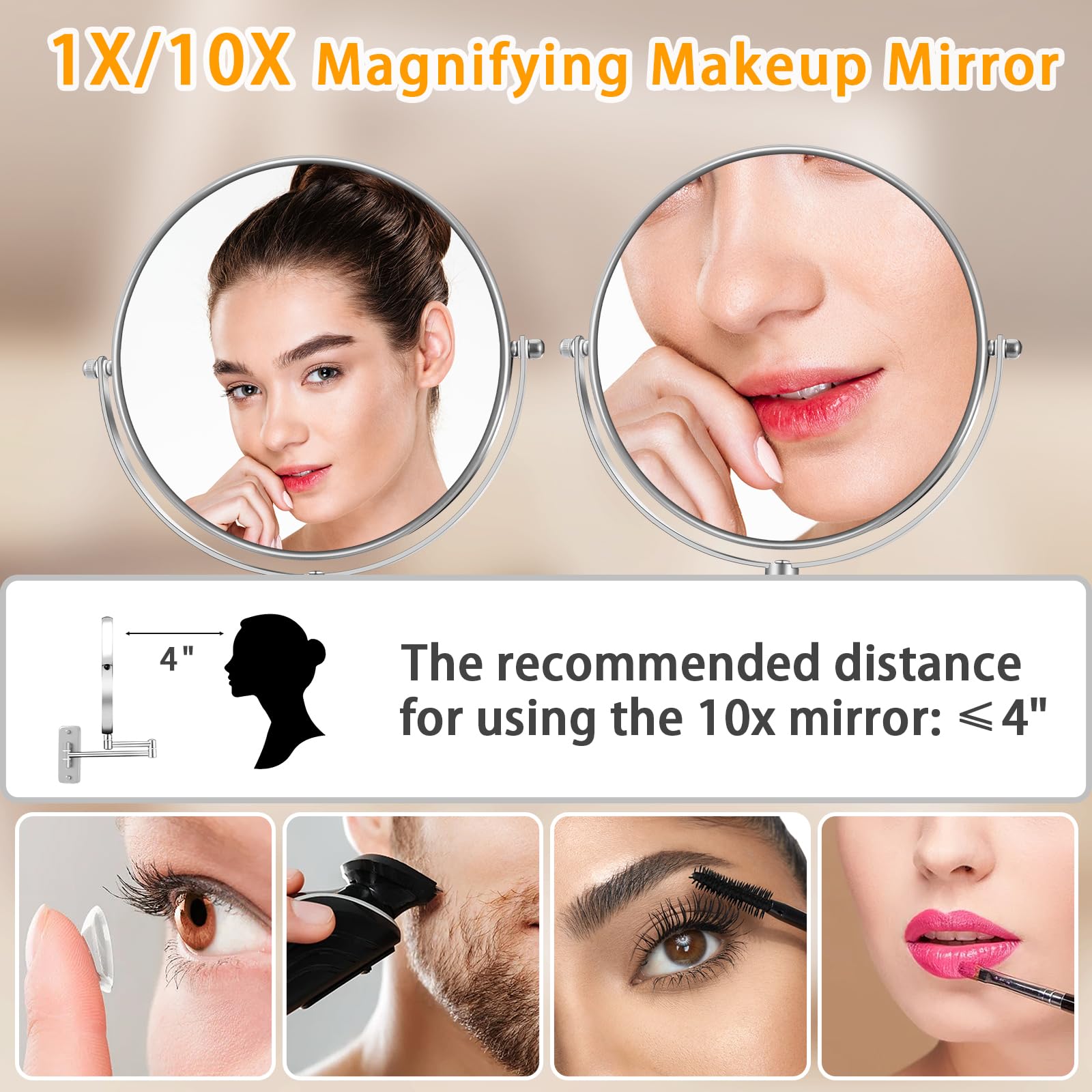 Specchio Da Parete Per Trucco Cromato 21,6 Cm - Doppio Lato 1X/15X, Braccio Estensibile 44,5 Cm, Girevole 360°, Senza Luci