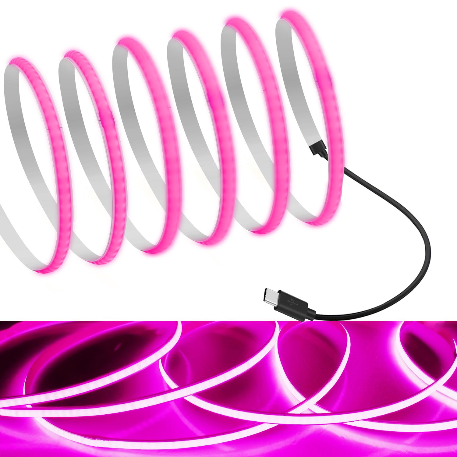 MDee】Type C COB Tape Light LED Strip.9.84ft/3m- Flexible 5mm Hidden DC 5V LED Tape with 320 LEDs/m for Pink Lighting. Cuttable, Shapeable, Type C Powered. Ideal for Kitchen