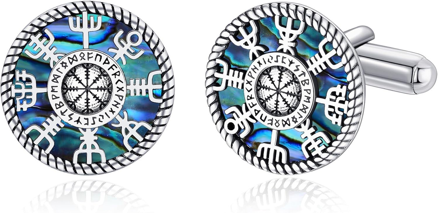 Viking Compass Cufflink Sterling Silver Vegvisir Tuxedo Shirt Cuff Links Abalone Shell Norse Jewellery for Men Father