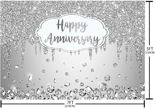 Miniatura 5 de AIBIIN Telón de fondo de feliz aniversario de 7 x 5 pies con cristales plateados con purpurina para fotografía, saludos a bodas, aniversarios,