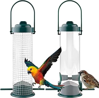 Pack of 2 Bird Feeders, Wild Bird Feeder, Hanging Feeder for Birds, 2 Ports, Bird Feeding with Stand, Mixed Seed Feeding, Peanut Feeding, Weatherproof for Garden, Outdoor, Yard product image
